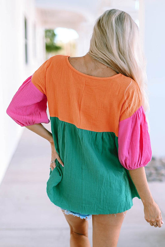 Color Block V-Neck Babydoll Blouse Trendsi 43858384289645989df0a6a87615977a-Max