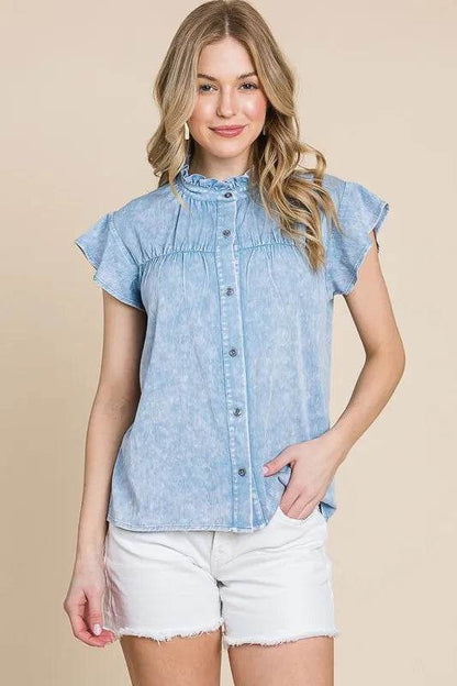 Lime 'N' Chili Mineral Wash Flutter Sleeve Button Down Shirt Trendsi 438ef670-3936-4a5c-ad45-24c80cab7841-Max