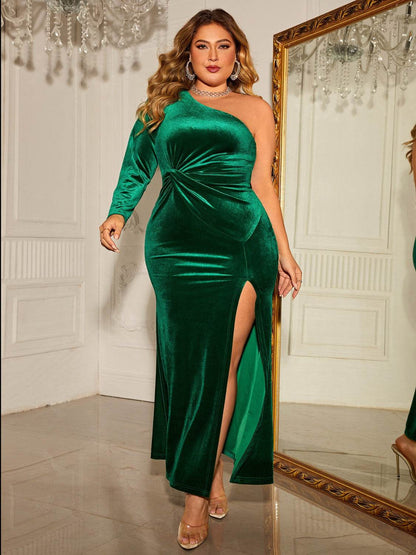 Honey Plus Size One-Shoulder Twisted Split Dress Green Trendsi 44020dccdbbb42688659c8b325827bc9-Max
