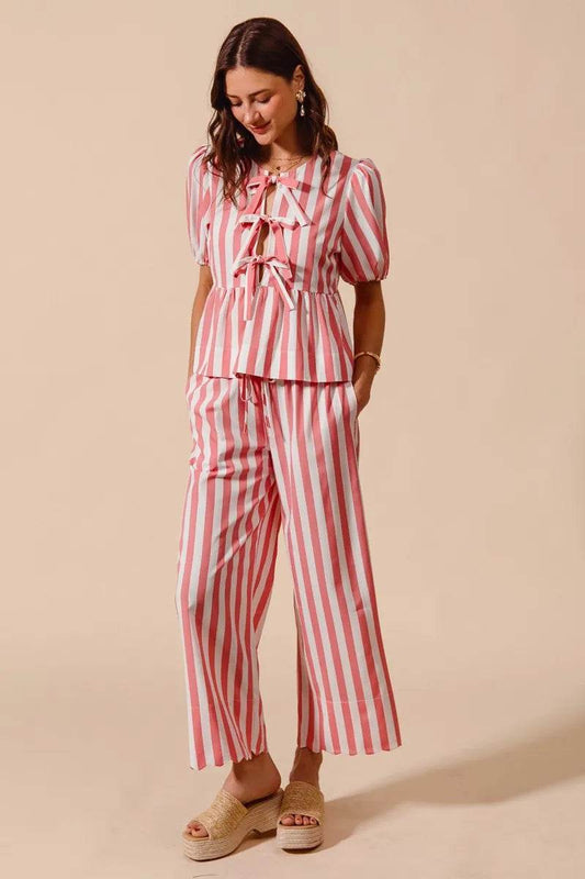 SO ME Front Tie Stripe Top With Puff Sleeves and Wide Leg Pants Set PINK Trendsi 4416e8f164304d7c83f81d32aefadee5-Max-Origin