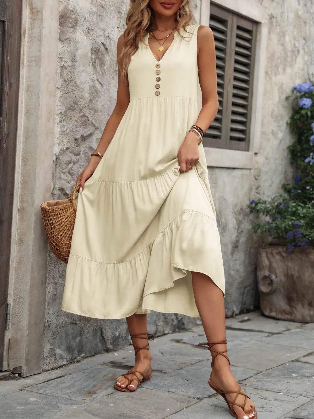 Ivy Lane Decorative Button Notched Sleeveless Dress Beige Trendsi 443112bf-3d1d-4e50-8381-18db8e088449-Max