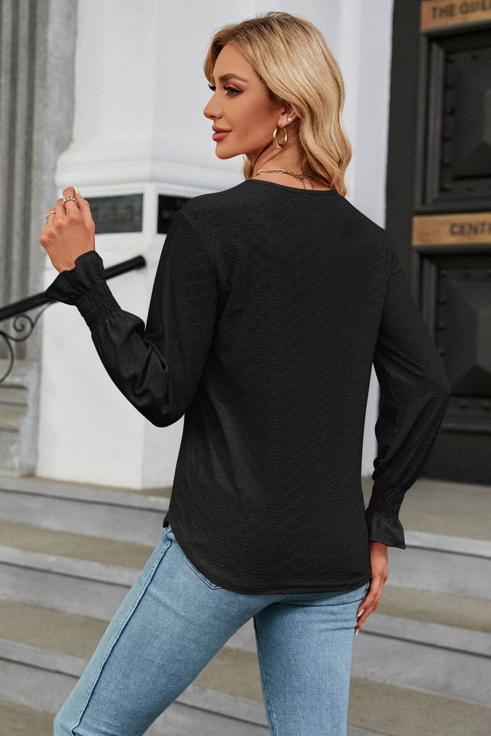 V-Neck Flounce Sleeve Blouse Trendsi 4454a2d5c57444d8bc1b2c9ac9191104-Max