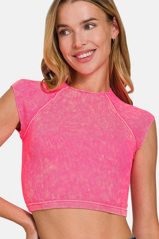 Zenana Ribbed Round Neck Cropped Top Hot Pink Trendsi 445a637c-957b-43a7-b7a0-e602465bae22-Max