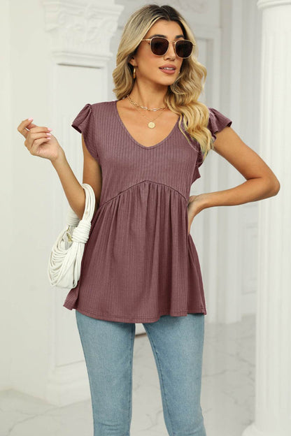 V-Neck Flutter Sleeve Babydoll Blouse Trendsi 4461abb69e8142998ed000c8742ef062-Max