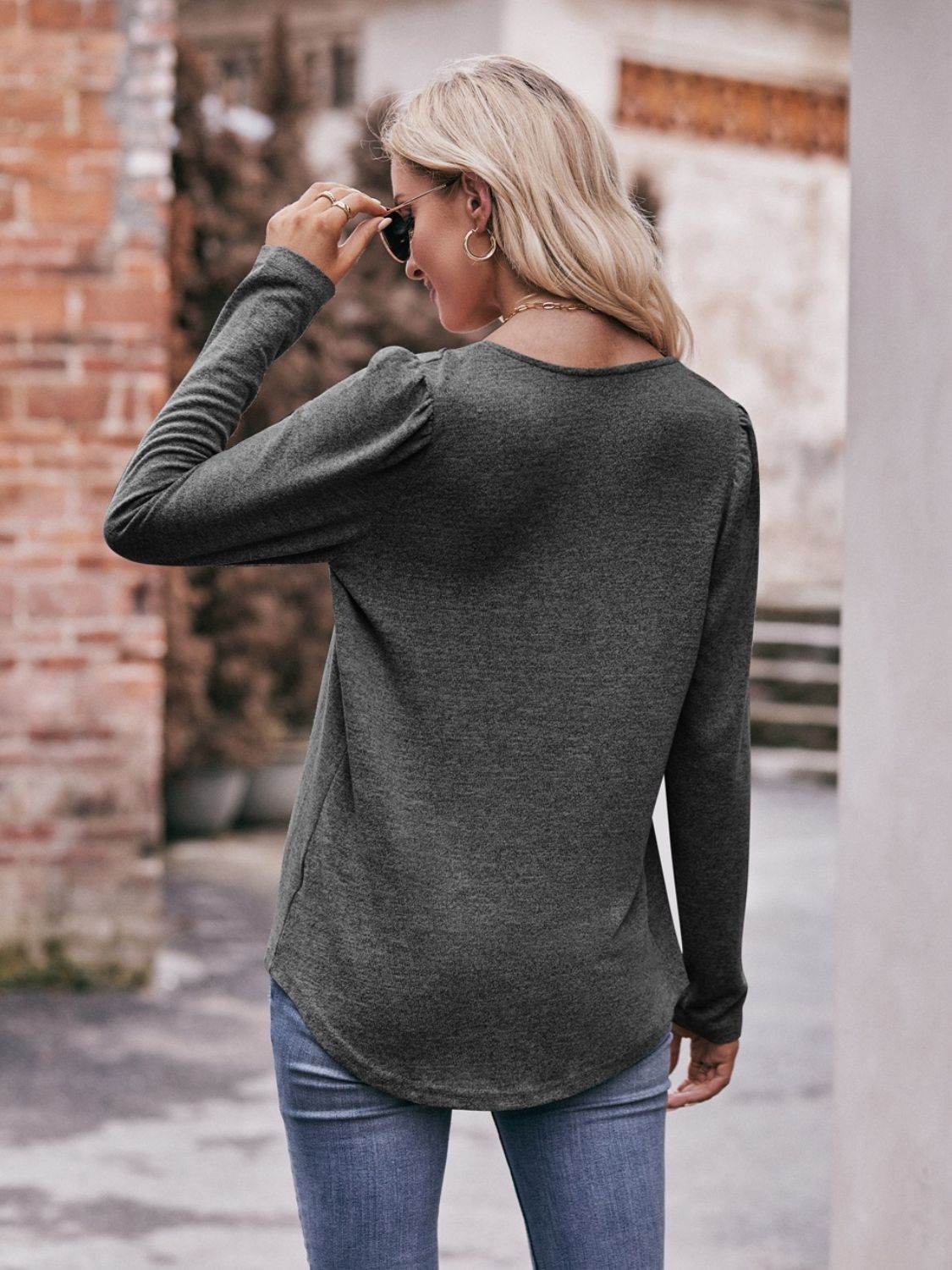 Mandy Pleated Detail Curved Hem Long Sleeve Top Trendsi 4496e2fbc21047048885801f0000c9a2-Max