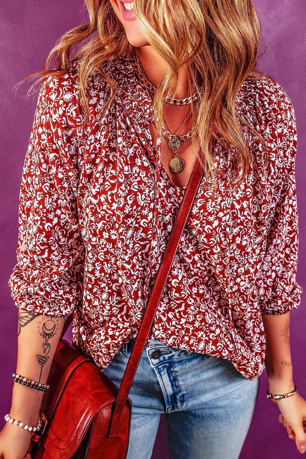 Printed Tie Neck Balloon Sleeve Blouse Trendsi 44991271e20f4e7db29713f74986e6ac-Max