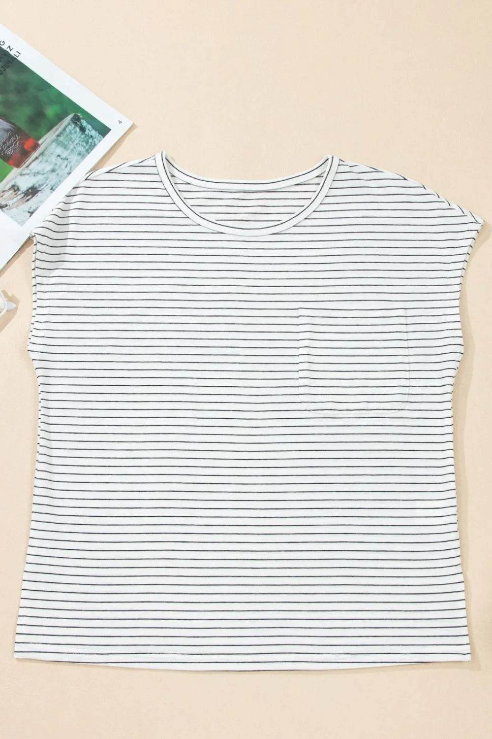 Stripe Cap Sleeve Crew Neck Casual Tee with Chest Pocket Trendsi 44b034b3-c3bb-41fe-ac1b-b4714d4cdebb-Max-Origin