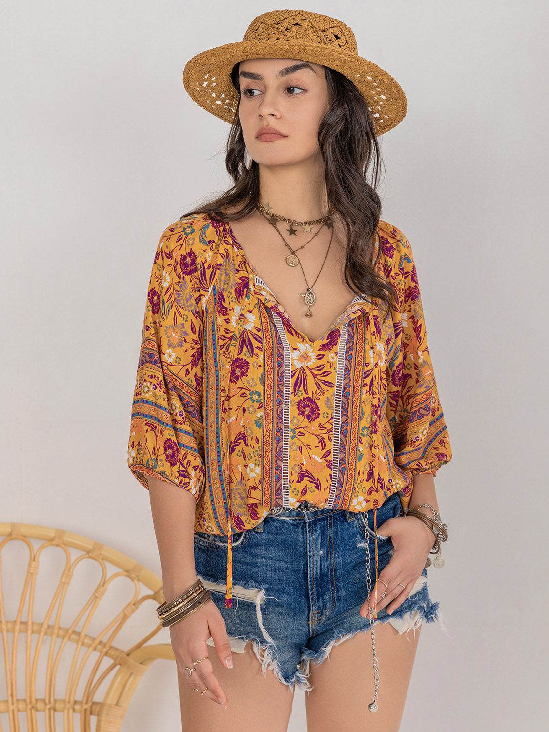 Printed Tie Neck Blouse Trendsi 44b180a2d0944aecb0952f023c7a5214-Max