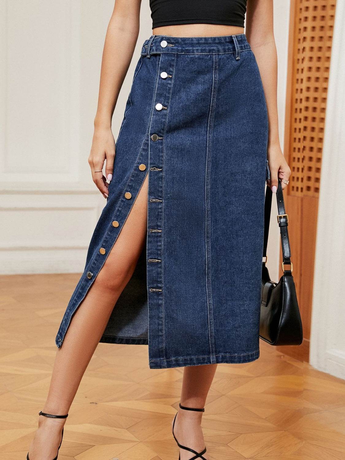 Button Down Midi Denim Skirt Medium Trendsi 44b3409b6c264735806796bc3df0e383-Max