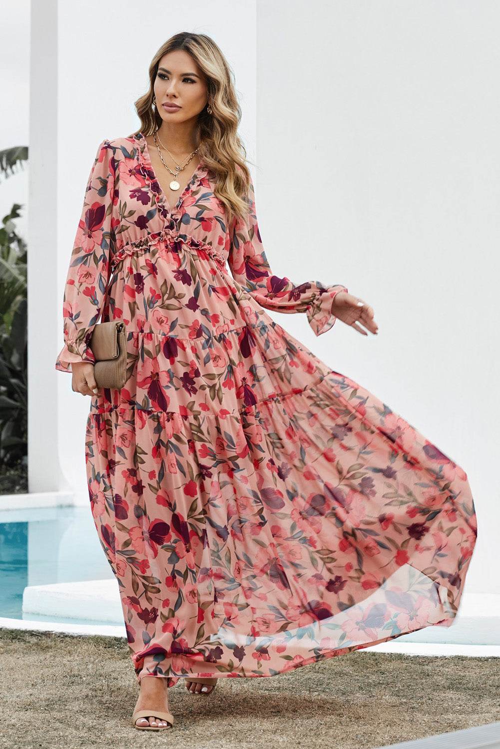 Floral Frill Trim Flounce Sleeve Plunge Maxi Dress Trendsi 44c7fc790cd44b208e7a9ee3ceab4ff6-Max