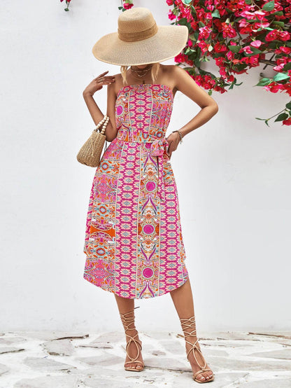 Printed Strapless Tie Belt Dress Trendsi 44d63356cd3841a7ad352b90ade55dbf-Max