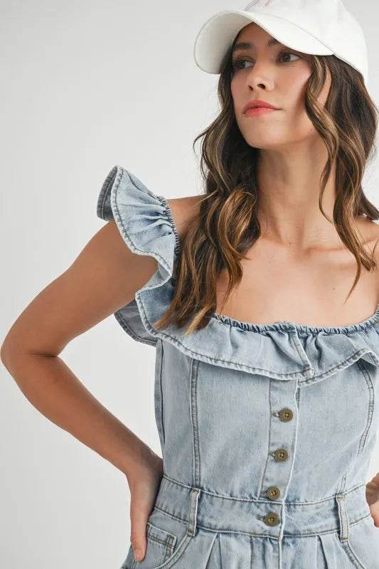 MABLE Off Shoulder Ruffle Detail Denim Romper Trendsi 44e9507d504d45d1955653269b3afc1b-Max-Origin
