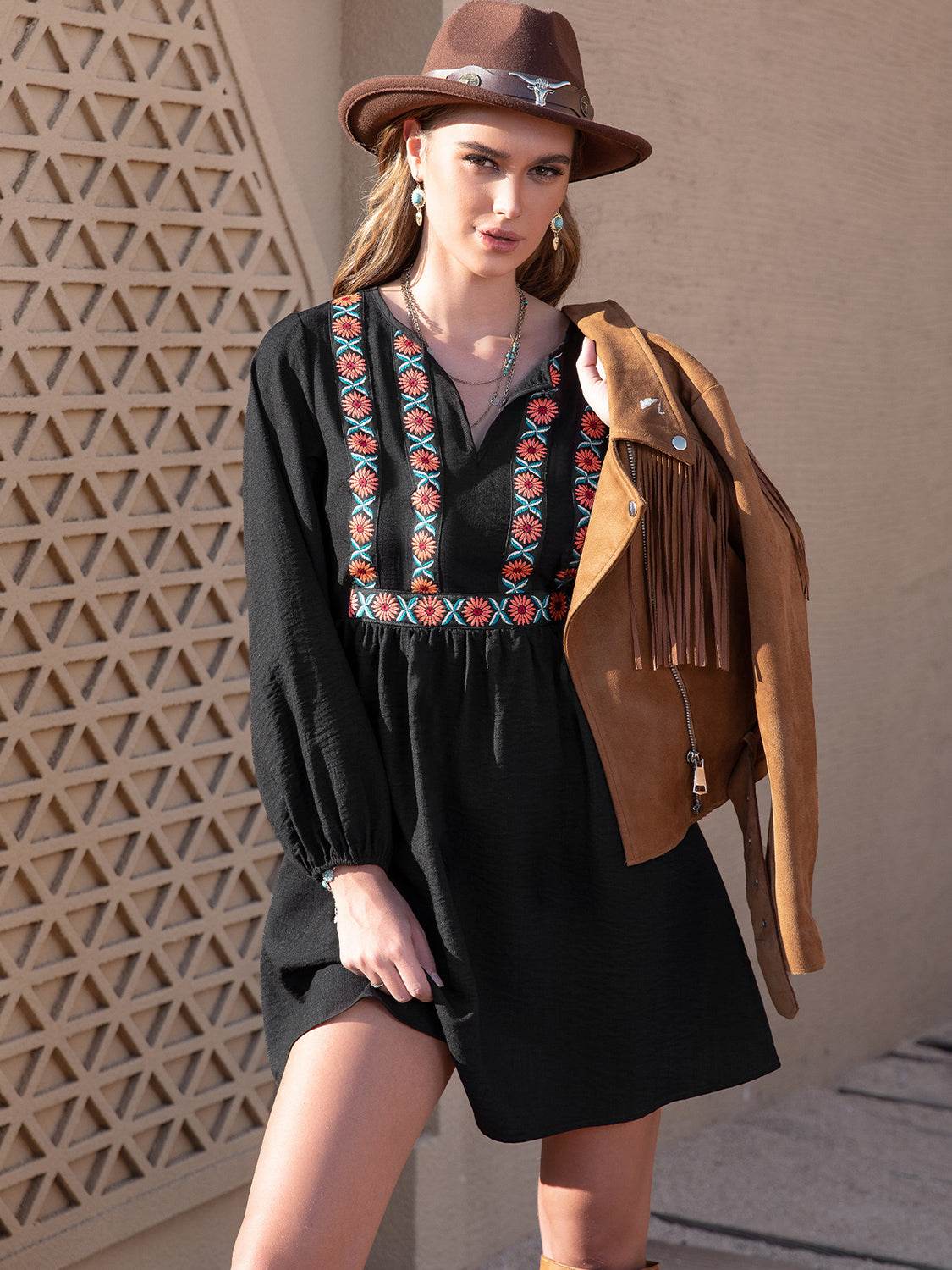Notched Neck Long Sleeve Printed Mini Dress Trendsi 44f282db848e49a5ba73fadde5078864-Max