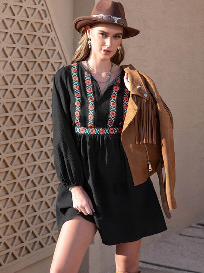 Notched Neck Long Sleeve Printed Mini Dress Trendsi 44f282db848e49a5ba73fadde5078864-Max