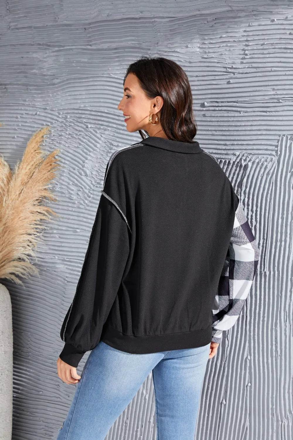 Plaid Exposed Seam Long Sleeve Blouse Trendsi 4510798c-51bc-4fe7-bea2-420ba5228601-Max