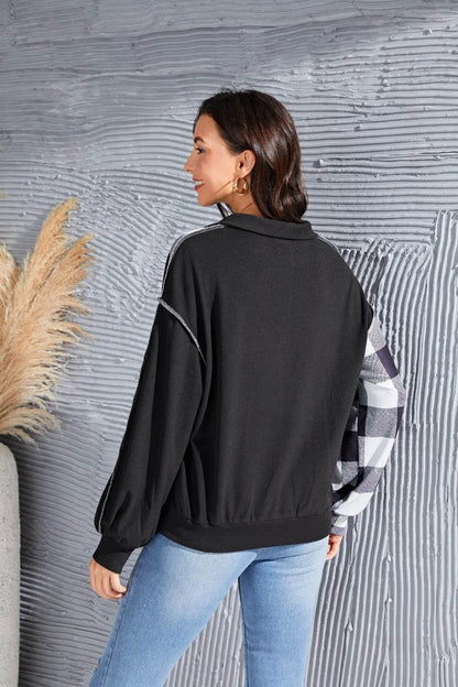 Plaid Exposed Seam Long Sleeve Blouse Trendsi 4510798c-51bc-4fe7-bea2-420ba5228601-Max