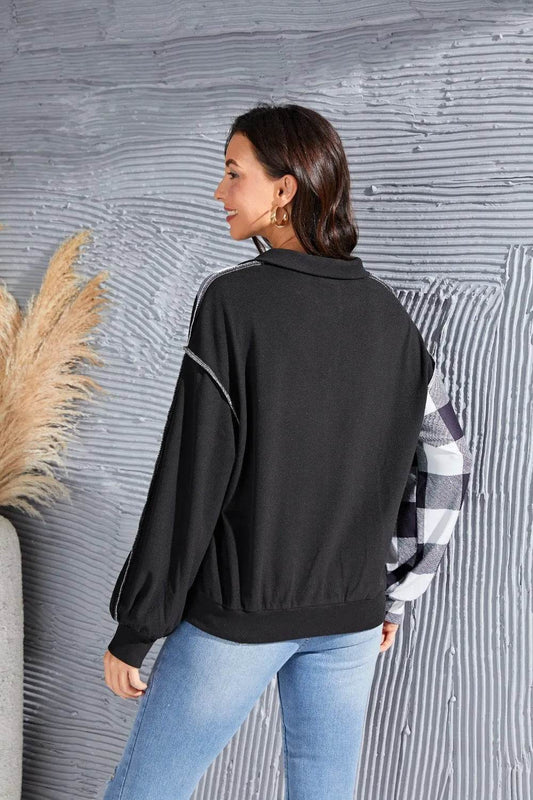 Plaid Exposed Seam Long Sleeve Blouse Trendsi 4510798c-51bc-4fe7-bea2-420ba5228601-Max