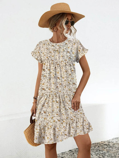 Frill Floral Round Neck Short Sleeve Tiered Dress Tan Trendsi 451ed68a-f7ef-4062-b87a-225bc596ec1d-Max