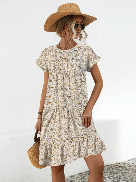 Frill Floral Round Neck Short Sleeve Tiered Dress Tan Trendsi 451ed68a-f7ef-4062-b87a-225bc596ec1d-Max
