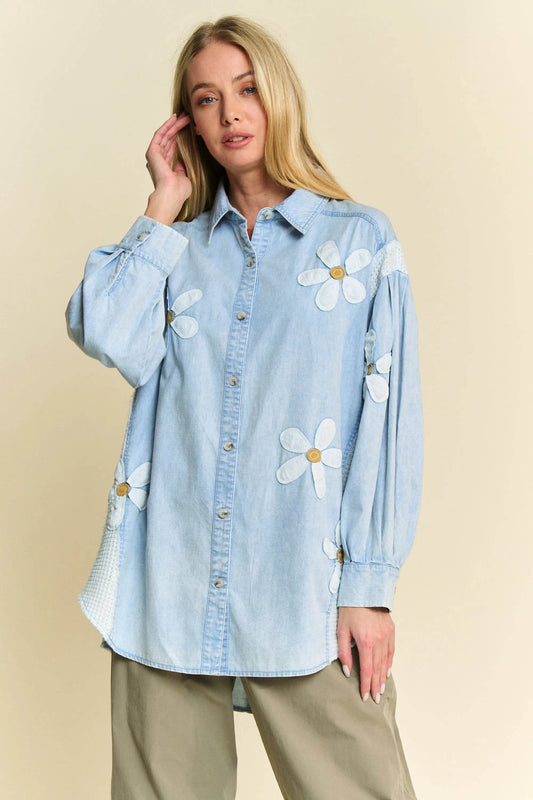 Davi & Dani Lightweight Washed Daisy Patch Waffle Knit Shirt Trendsi 45317d7670f440918999d0a935704ecd-Max-Origin