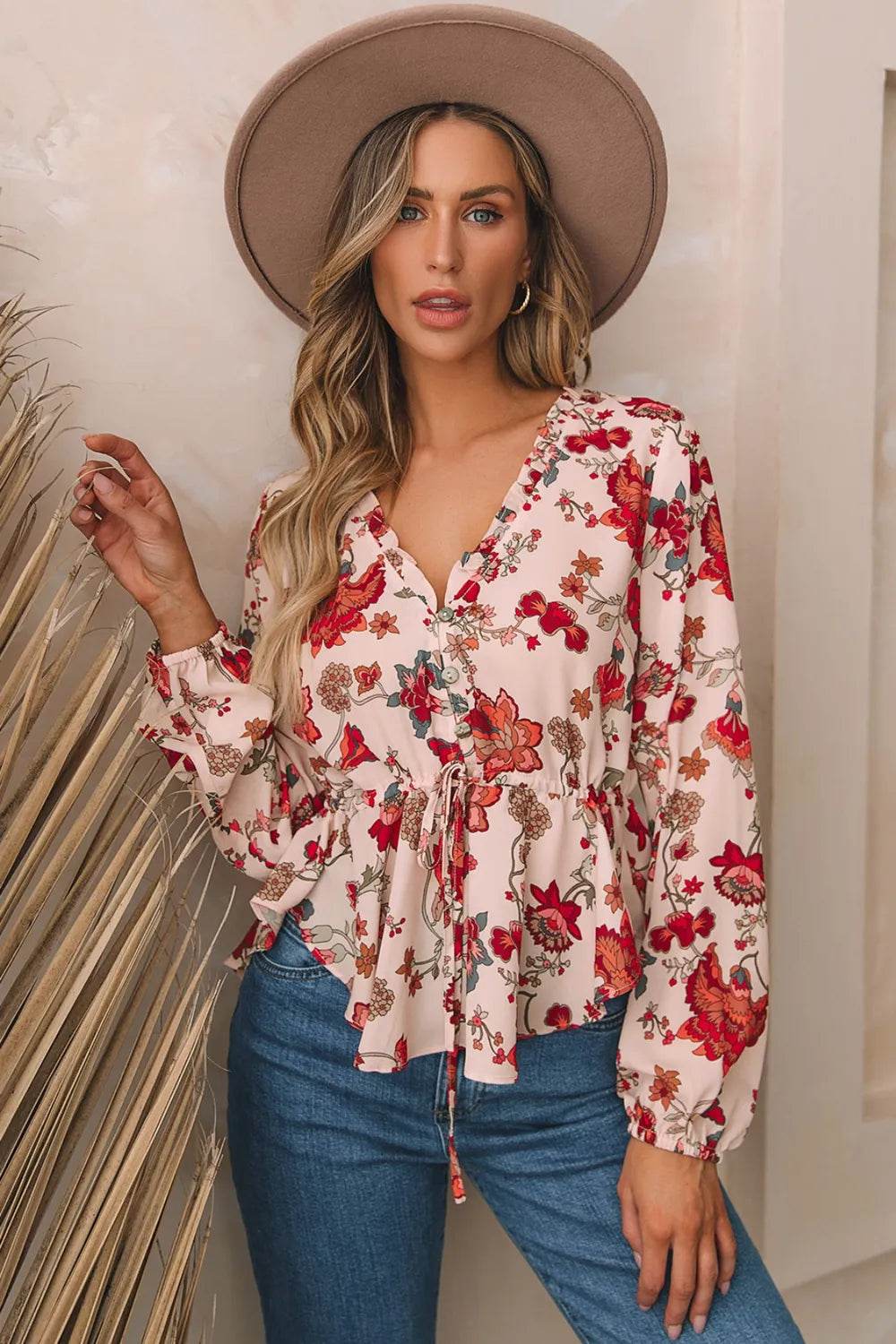 Floral V-Neck Drawstring Peplum Blouse Multicolor Trendsi 453a6a34-2bb0-48b8-b09c-6810606faf2e-Max