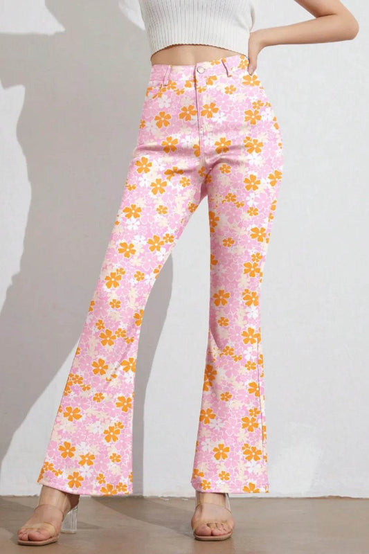 Printed High Waist Flare Pants with Pockets Watermelon pink Trendsi 4593a8a9-3136-4463-bf7f-9132994a6840-Max