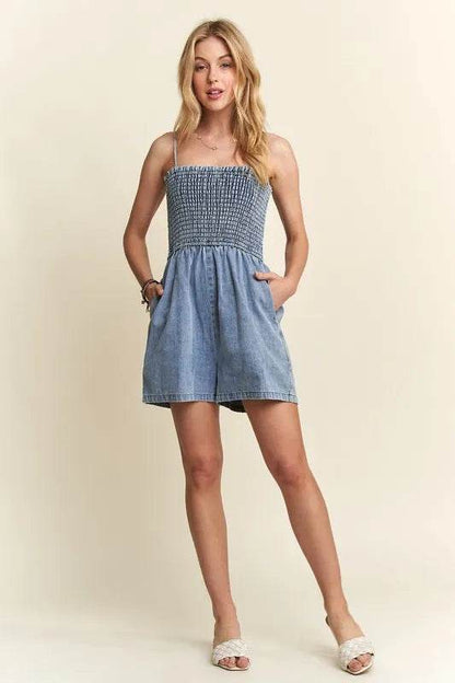 ADORA Smocked Spaghetti Strap Denim Romper Trendsi 45bbf03e-0e0b-4b20-aa65-ac968d251baf-Max