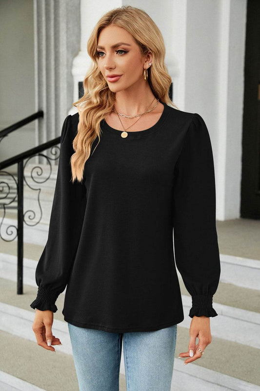 Round Neck Smocked Flounce Sleeve Blouse Trendsi 46005e6653544c1795332504ed6e6319-Max
