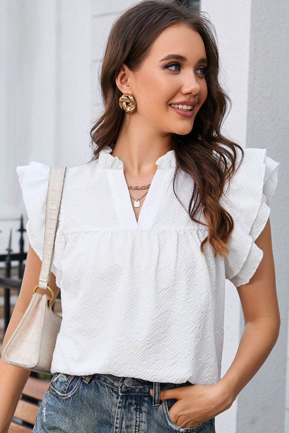 Notched Neck Butterfly Sleeve Blouse Trendsi 4608c756f11744ca963b2c9fb63cd329-Max