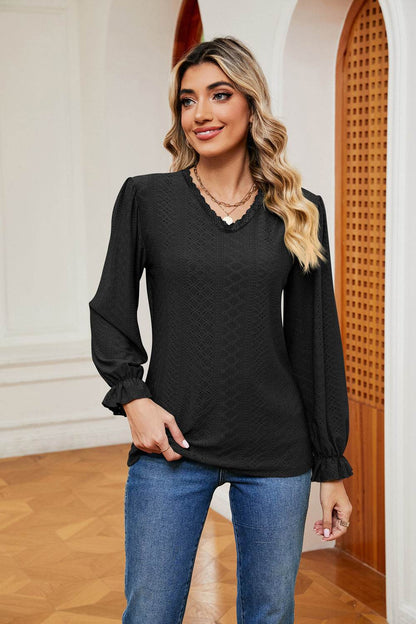 V-Neck Flounce Sleeve Blouse Black Trendsi 460aaabfd03c46ce9bbf100c2c409fca-Max