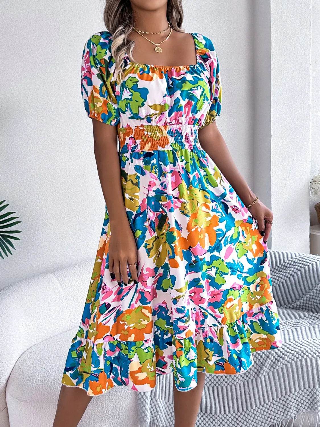 Ruffled Hem Smocked Floral Short Sleeve Midi Dress Trendsi 462aed54-0d7f-4d90-b85c-a91eb6a95725-Max-Origin