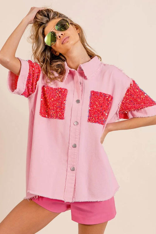 BiBi Sequin Detail Raw Hem Short Sleeve Shirt Pink Fuchsia Trendsi 463a649a-5224-4cf2-a5b5-bab3186a3462-Max