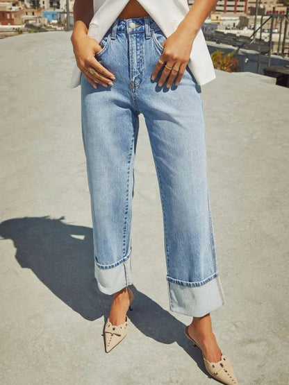 High Waisted Straight Leg Rolled Jeans Trendsi 466a8a1c-47af-4007-b5e4-1b6246047b5f-Max