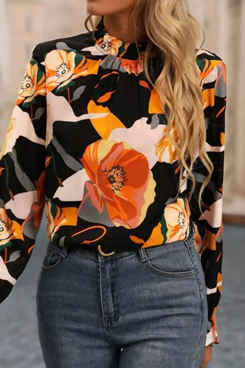 Floral Mock Neck Flounce Sleeve Blouse Trendsi 467f2ed5d3f7438d9dcd0504abaab22d-Max