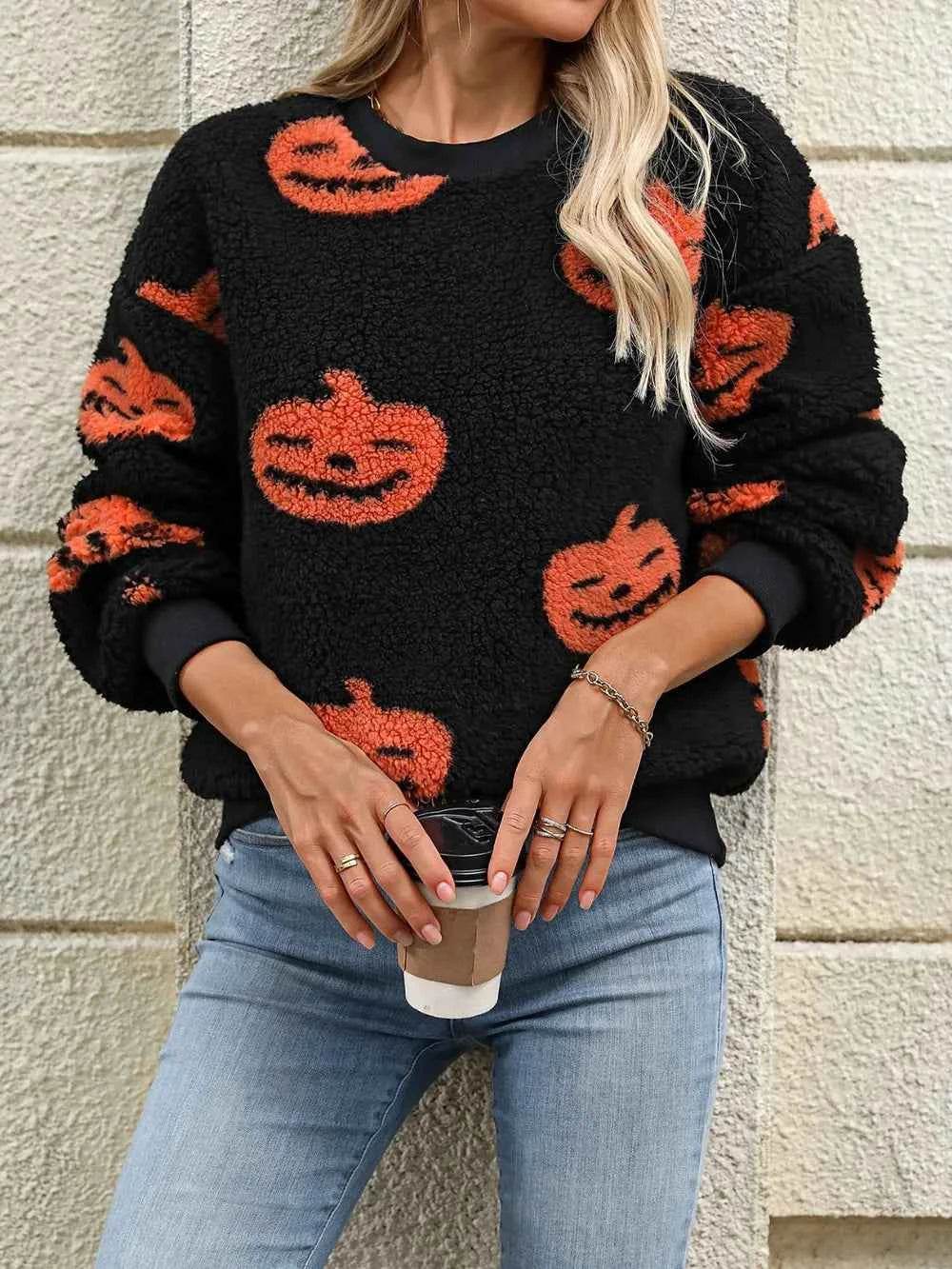 Fuzzy Pumpkin Round Neck Dropped Shoulder Sweater Trendsi 46802ea9-f37f-42af-8bbb-c964400dcc37-Max
