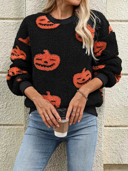 Fuzzy Pumpkin Round Neck Dropped Shoulder Sweater Trendsi 46802ea9-f37f-42af-8bbb-c964400dcc37-Max