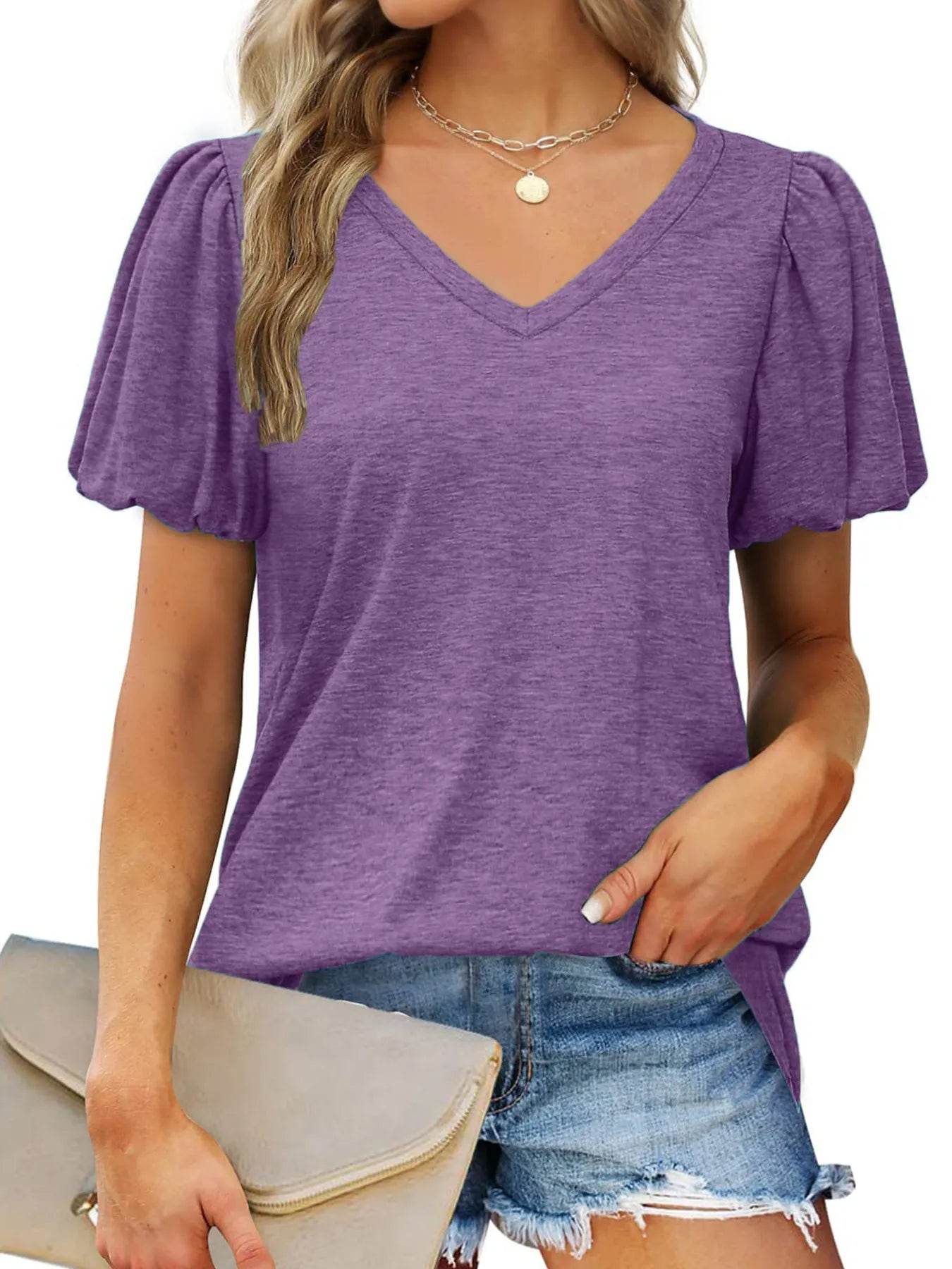 V-Neck Puff Sleeve Casual T-Shirt Trendsi 4689024ba05d48d59d3d5d4126d1e88b-Max-Origin
