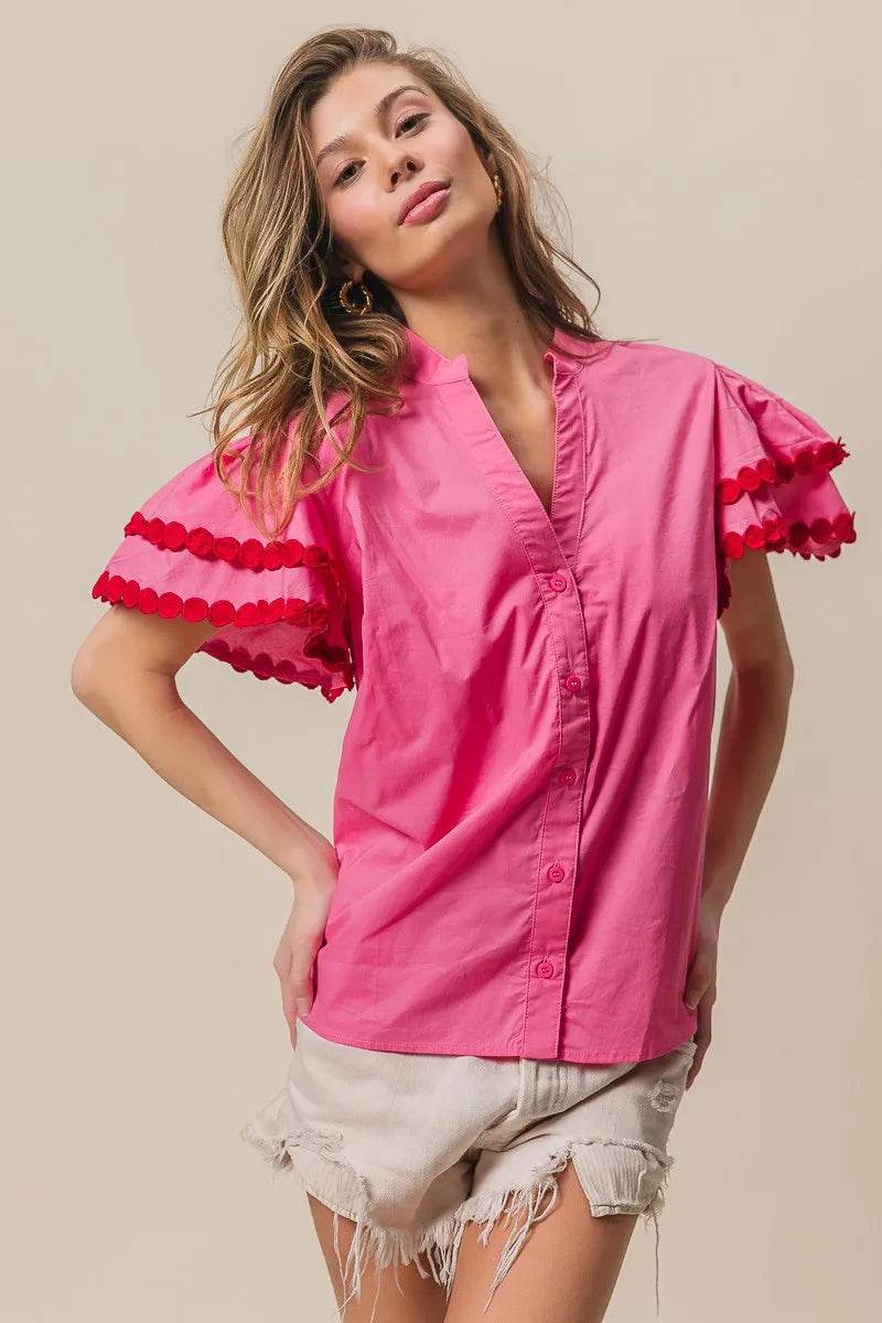 BiBi Dot Trim Flutter Sleeve Notched Top Trendsi 468b88a09dad41e3b85e811debc252a5-Max-Origin