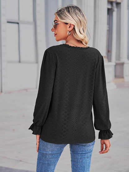 Eyelet V-Neck Flounce Sleeve Blouse Trendsi 46bddde87f6a4bdcbad98aa849df1e78-Max