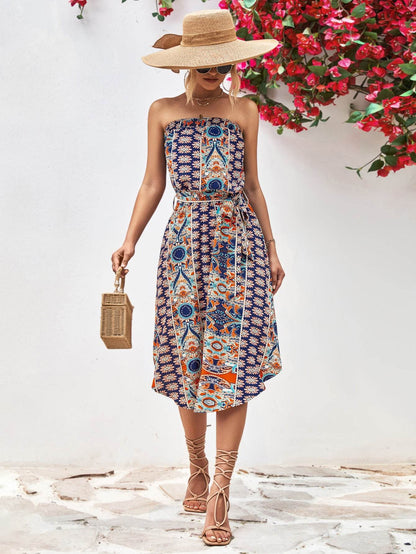 Printed Strapless Tie Belt Dress Trendsi 46d6d9b9e99740fb96f023f9ffb6c1a5-Max