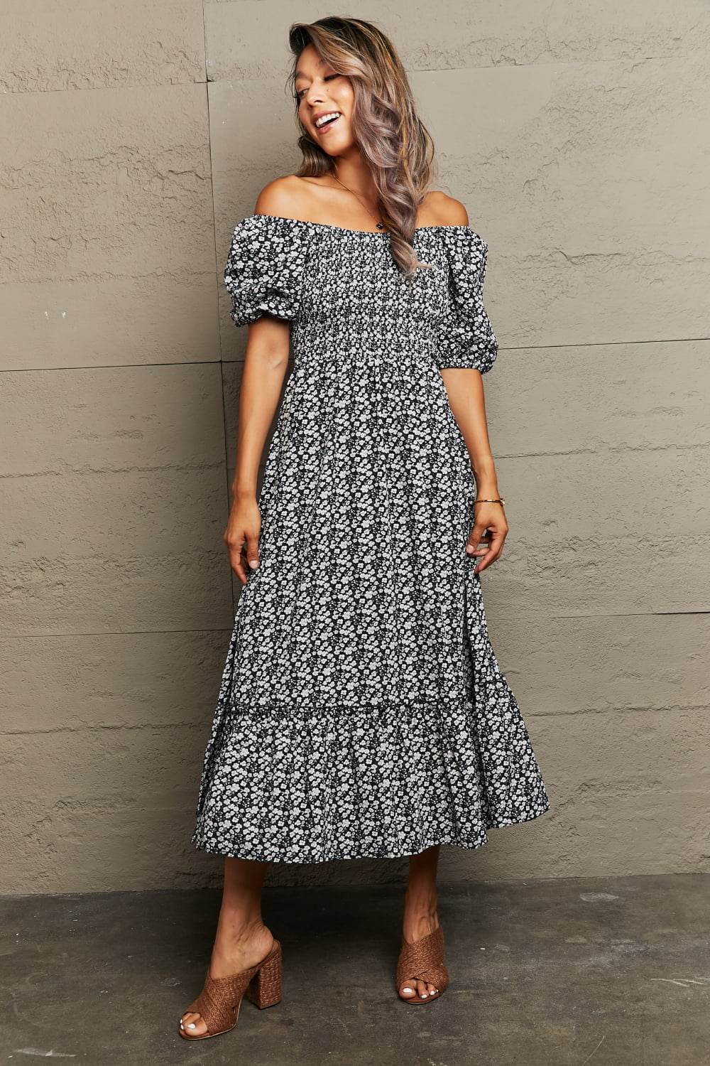 Perfee Floral Lace-Up Off-Shoulder Midi Dress Trendsi 473ea148159449b6821b1df001b820e4-Max