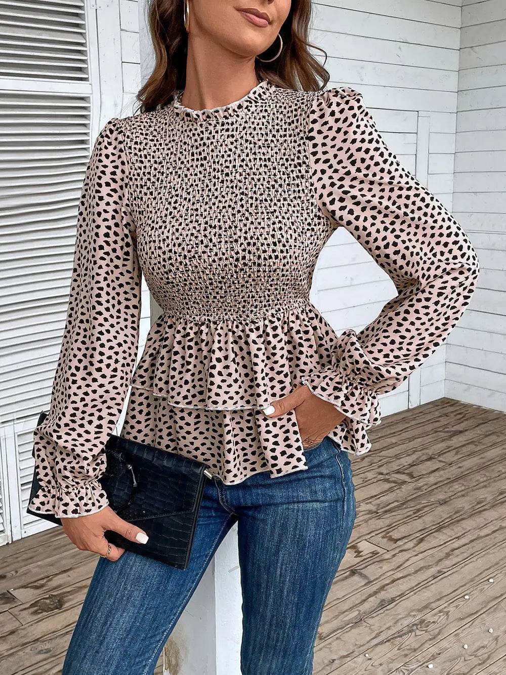 Perfee Printed Round Neck Smocked Flounce Sleeve T-Shirt Trendsi 474b4001cb264a03b4fa02c55509cc15-Max