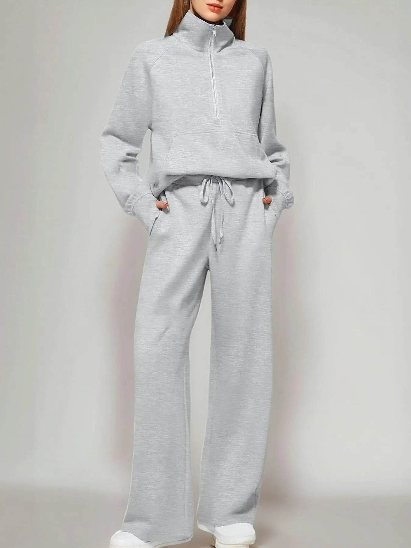 Half Zip Long Sleeve Top and Pants Set Light Gray Trendsi 4752c858-7a41-4581-9279-b0a301c78c7a-Max-Origin