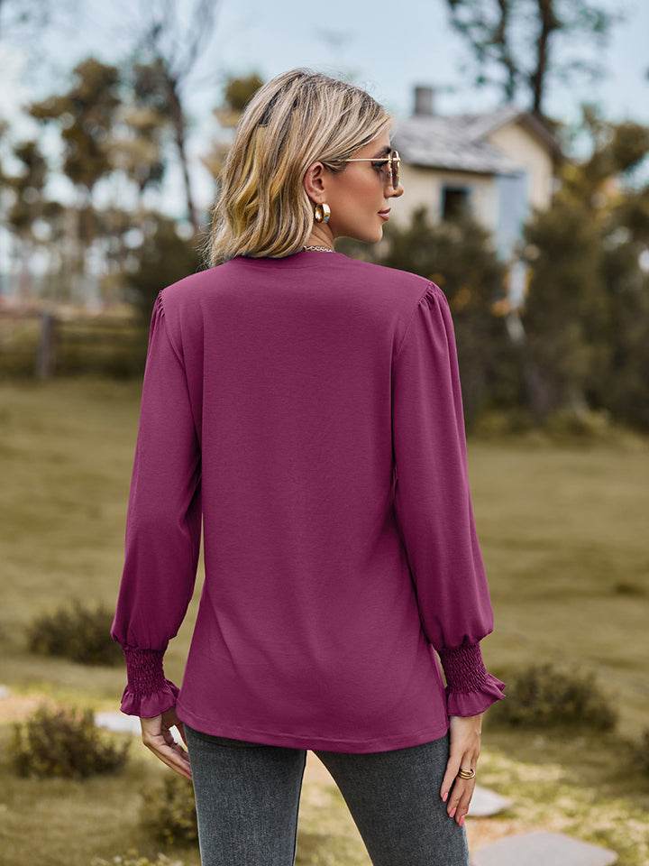 Notched Neck Flounce Sleeve Blouse Trendsi 477c02307ae04053a5ddfd73f27484b1-Max