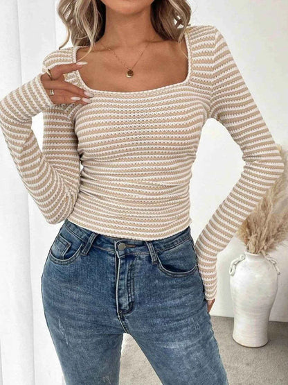 Striped Square Neck Long Sleeve T-Shirt Trendsi 4796812963794927a434da9bbe508559-Max-Origin