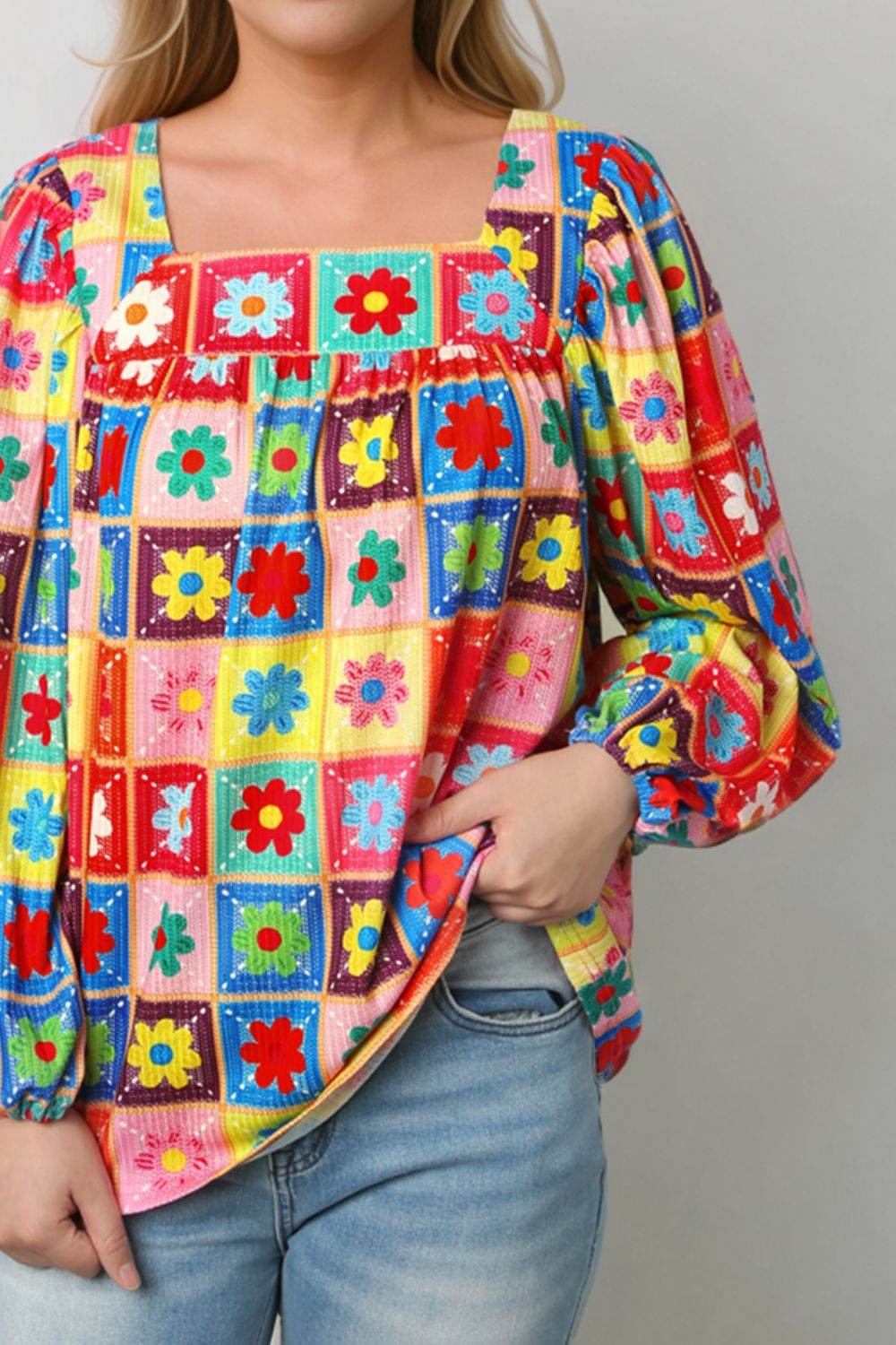 Printed Square Neck Balloon Sleeve Top Trendsi 4798bf19a1b8402fa66f0e460c4b8530-Max
