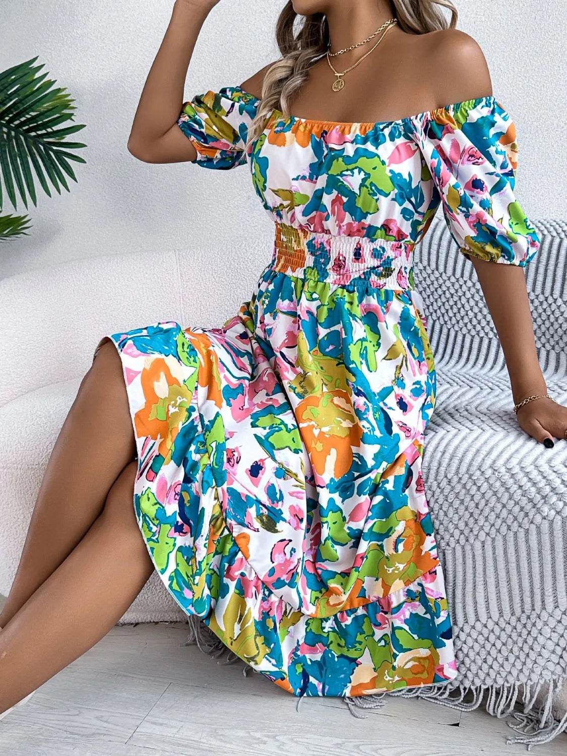 Ruffled Hem Smocked Floral Short Sleeve Midi Dress Green Trendsi 479943aa-3a7d-4a27-b631-5083eba2dbcb-Max-Origin