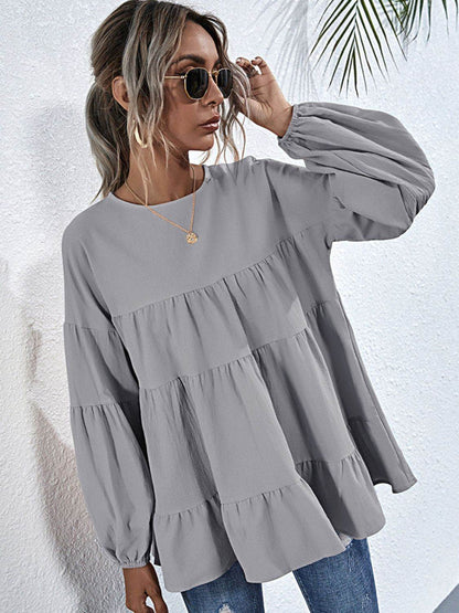 Shiny Round Neck Dropped Shoulder Tiered Blouse Trendsi 4799eca627cf48f6afa4588e7be4a0c4-Max