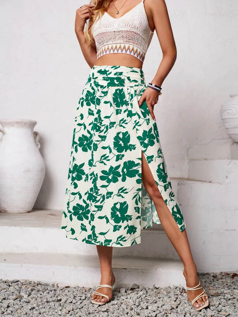 Slit Printed Midi Skirt Green Trendsi 47f59836-c144-4c05-9d70-013c53bd03bc-Max