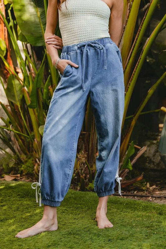 BiBi Striped Tape Details With Bot Tied Point Elastic Waist Jeans OFF WHITE Trendsi 48138832773545208813f0bd9a5104e2-Max-Origin